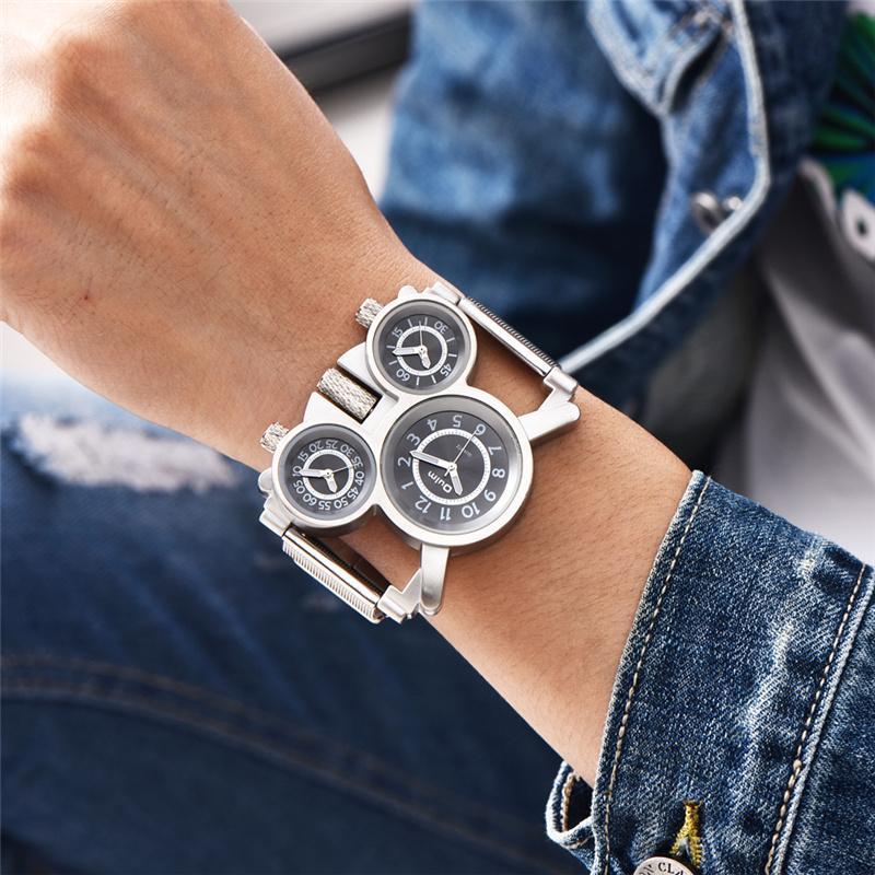 

Wristwatches Oulm 1167 Three Time Zone Quartz Watches Men Mesh Steel Leather Band Sport Wristwatch Man Male Clock RelogioWristwatches Wristw, Steel brown