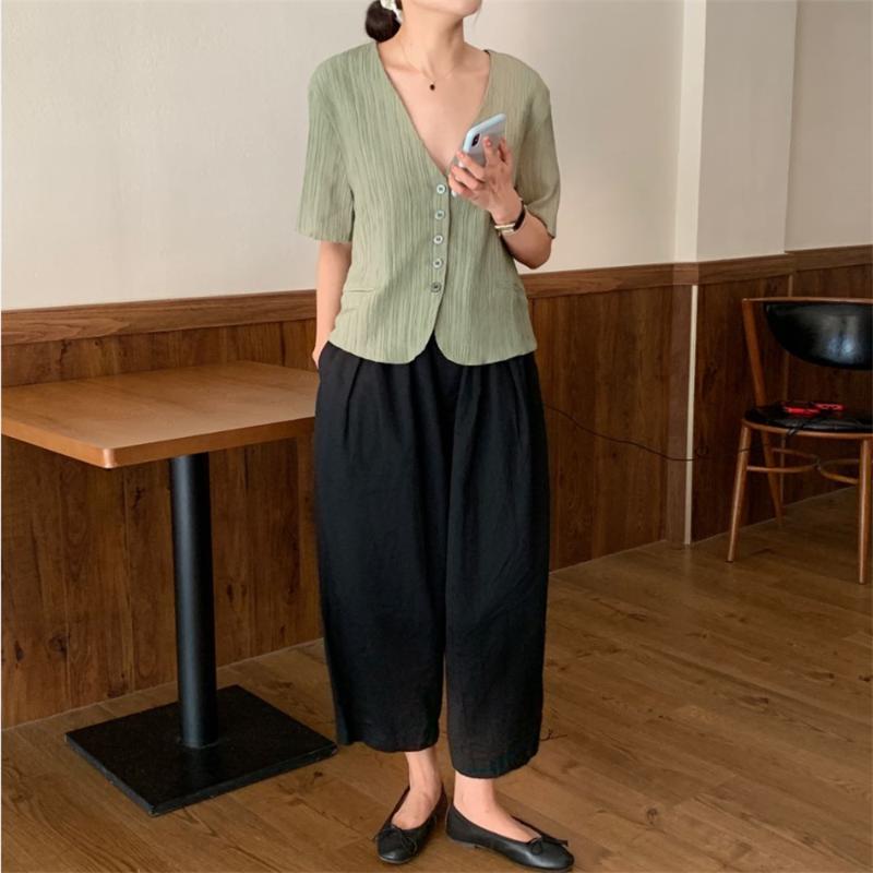 

Women' Two Piece Pants HziriP 2022 Trendy V-Neck Slim Fashion Femme Chic Lady Tops+ Loose Straight Casual Elastic-Waist Suits 2 Sets, Coats