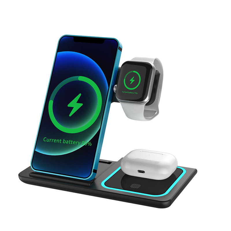 

Wireless Charger Dock Multifunctional Station 15W 3 in 1 One Foldable Portable Fast Charging Stations Dock Magnetic Phone Holder Qi Chargers Stand With night light