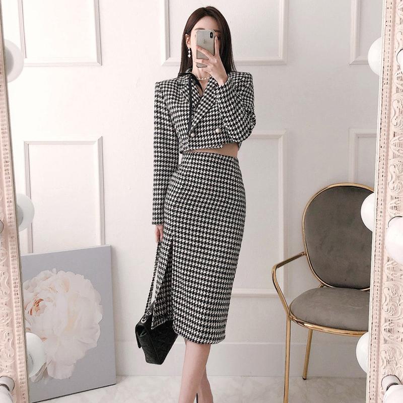 

Work Dresses Korean Qualities Womens Plaid Wollend Tweed Two Pieces Sets Double Breasted Short Jacket Coats High Waist Split Pencil Skirts, As picture