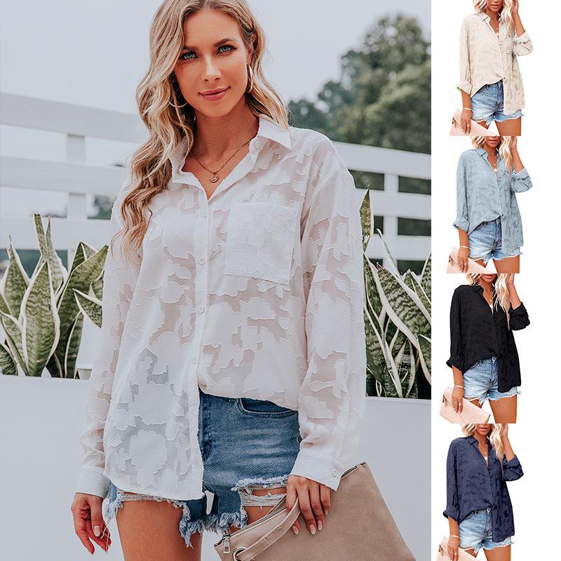 

Women' Blouses & Shirts Spring Chiffon Embroidery Women Casual Turn Down Collar Long Sleeve Womens Tops And Vintage TunicWomen, White
