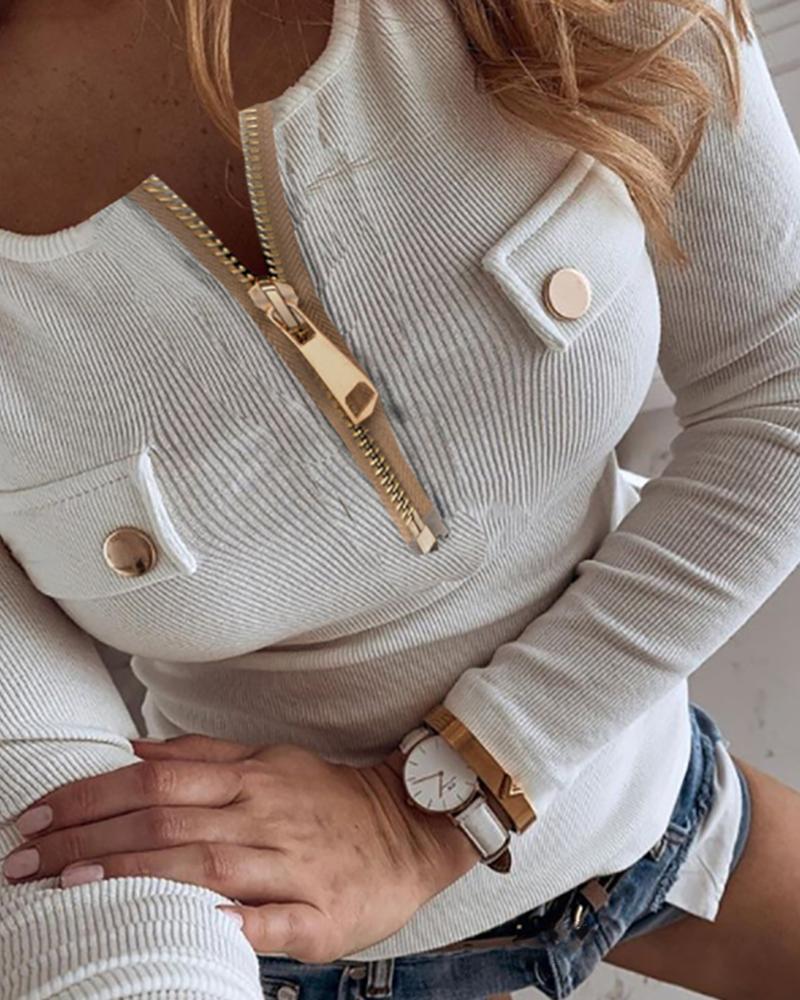 

Women's Sweaters 2022 Woman Knitted Tops O Neck Long Sleeve Women Autumn Casual Metal Pockets White Button Zipper Design Top