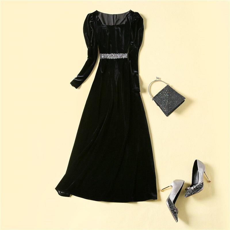 

Casual Dresses Top Quality Long Party Evening Vestidos 2022 Winter Women Sexy Square Collar Beading Belt Deco Sleeve Black Maxi Dress, Black;gray