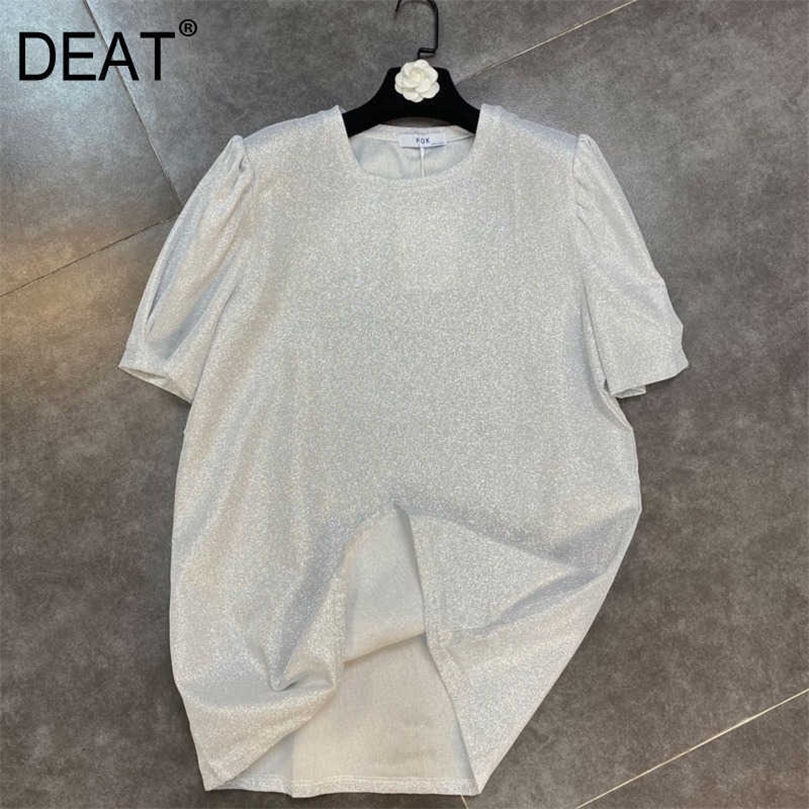 

DEAT Women All Match T-shirt Solid Color Round Neck Short Puff Sleeve Fashion Temperament Spring Summer 11D352 210709, Silvery white