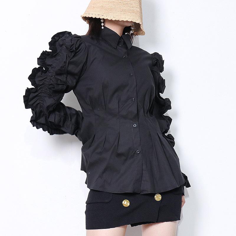 

Women' Blouses & Shirts Spring Autumn White Black Blouse Women Designer Fashion Ruffles Sleeve High Waist Shirt Chic Ladies Street