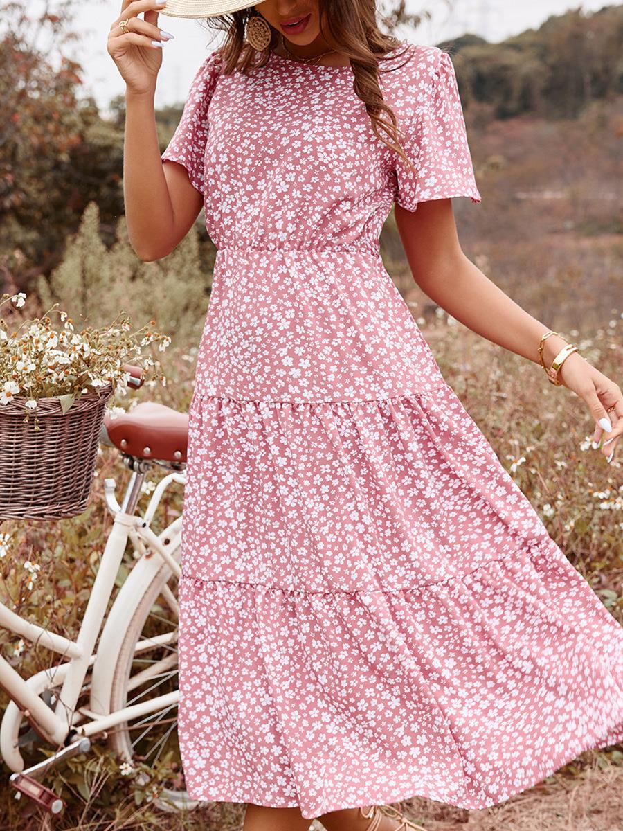 

Liti Womens Casual Print Dress Sexy Temperament Holiday Style Floral Short Sleeve, Pink