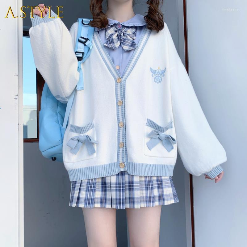 

Women' Knits & Tees GIRLS Autumn Sweet Bow Cardigans Women Korean Loose Colorblock Sweater Jacket Kawaii Print Knitted Cardigan Time22, Sky blue