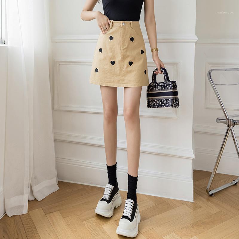 

Skirts 2022 Half Length Skirt Women' Summer Small Temperament High Waist Love Slim A-line Short With Buttocks, See chart