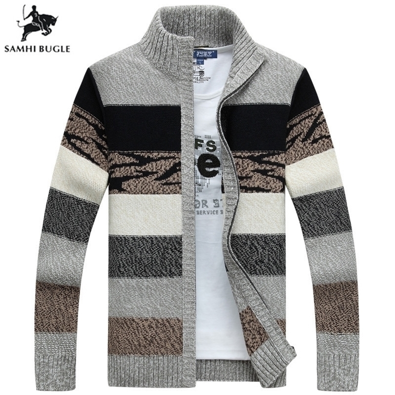 

SAMHIBUGLE Knitted Sweater Men Cardigans Collar Winter Wool Sweater Fashion Cardigans Male Sweaters Coat Brand Men's Clothing 201126, Gray