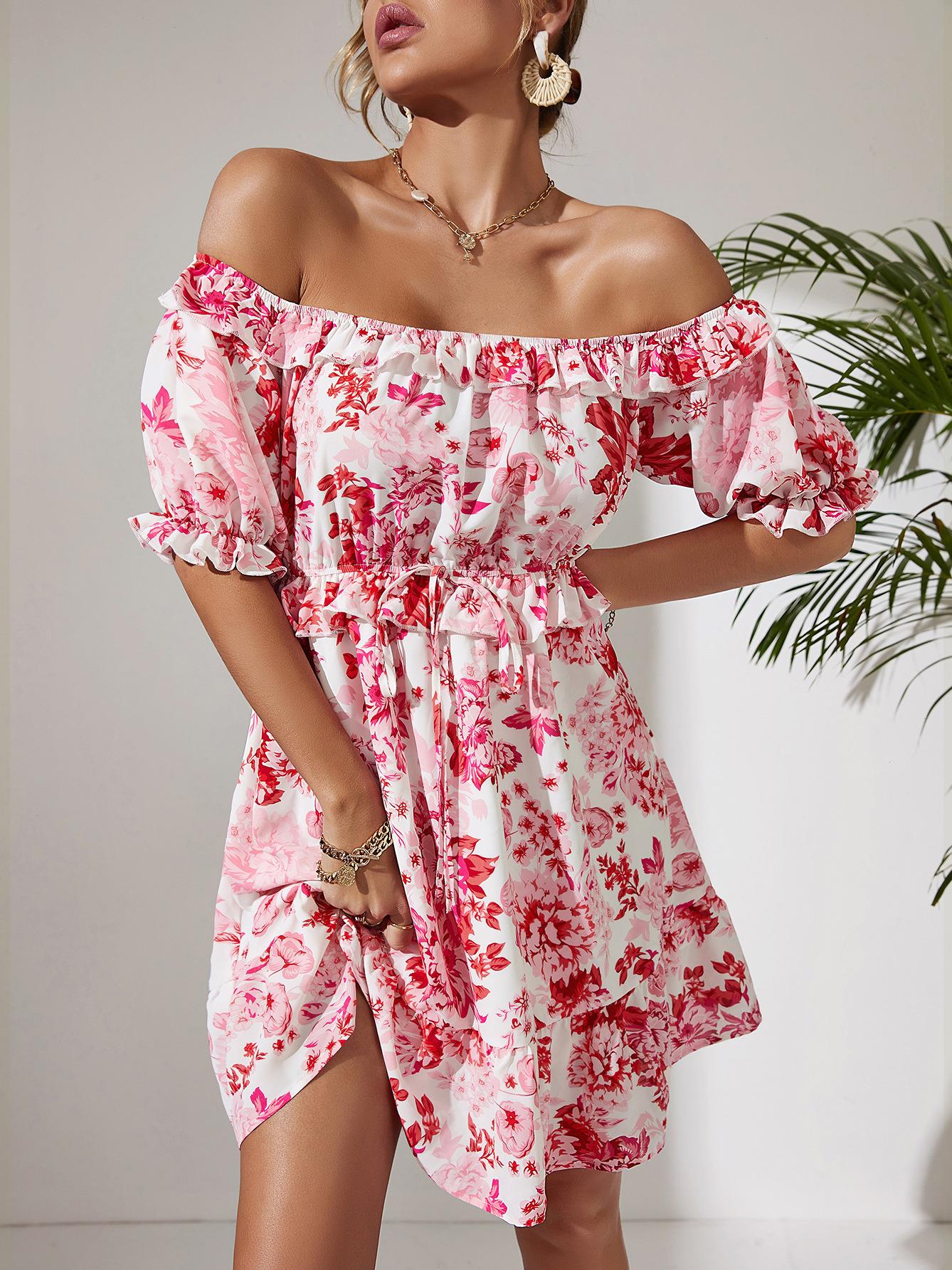 

Liti Print Women Dress Fashion Plus Size Off Shoulder Sexy, Pink