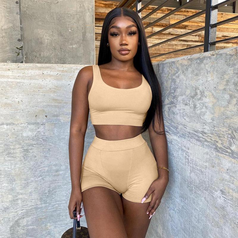 

Women' Swimwear Women Sports Clothing Set Solid Color Sleeveless Low-cut Cropped Tops High Waist Short PantsWomen