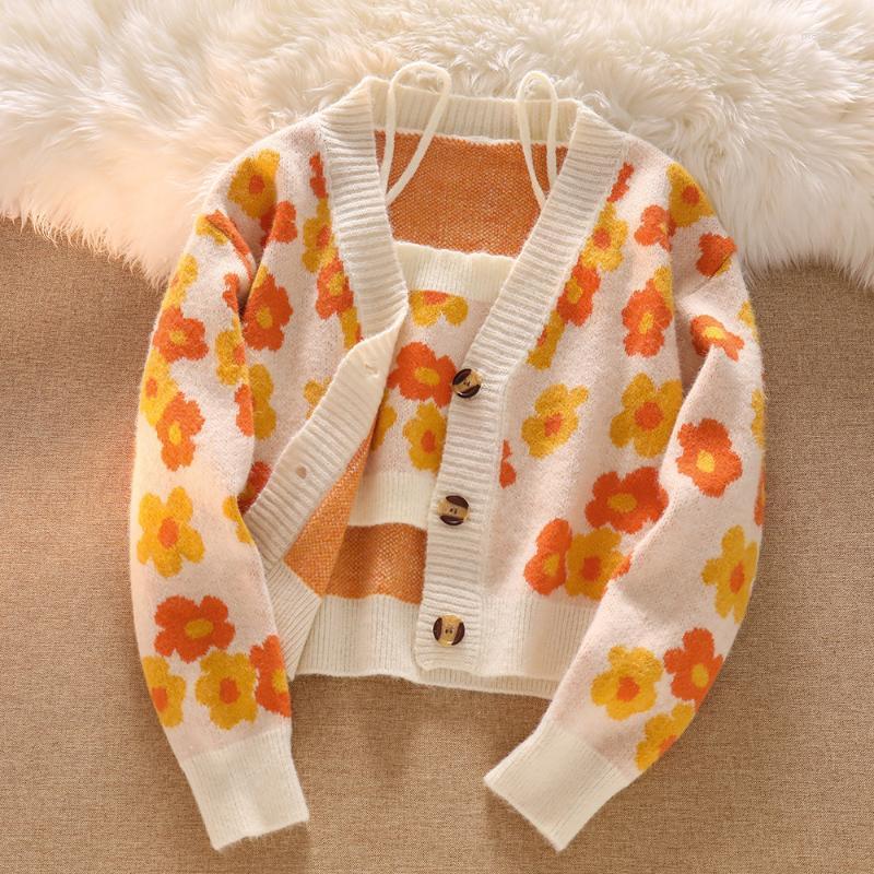 

Women's Knits & Tees Cropped Sweater 2 Pces Set Cardigan For Women Autumn Winter Tank Tops And Female Button Up Floral Knitted TopsWomen's M, Blue