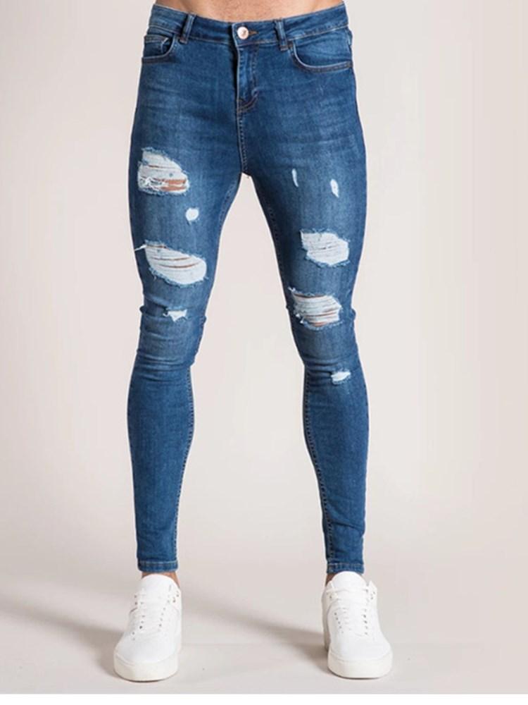

Men' Jeans Men Ripped Hip Hop Skinny Stretch Denim Trousers Slim Fit Black White Blue Light Motorcycle Man