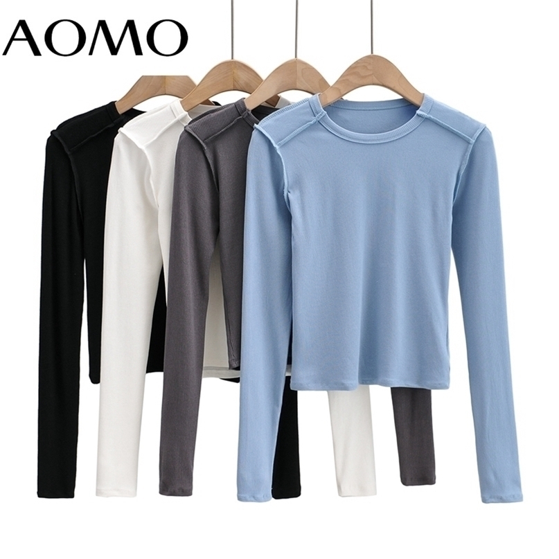 

AOMO Women Patchwork T Shirt Long Sleeve O Neck Tees Ladies Casual Tee Street Wear Top 4P93A 220402, Ash