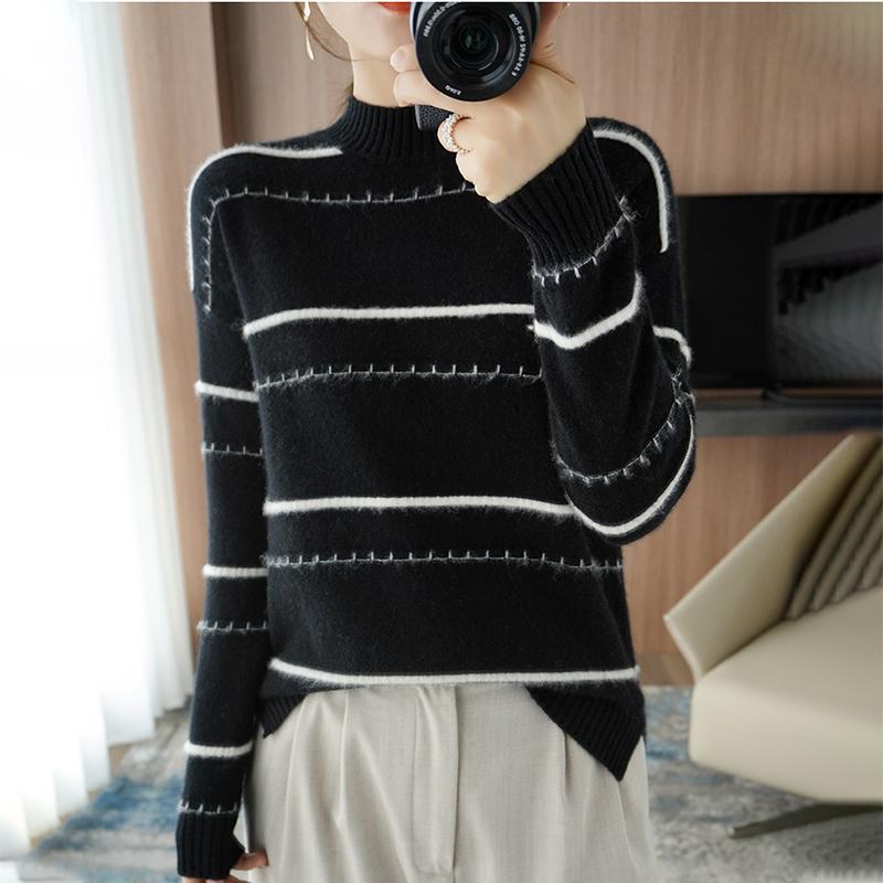 

Women's Sweaters BETHQUENOY Sueter Vintage Thicken Knitted Women Winter Clothes Pullover Truien Dames Fashion Striped Pullovers Sweater, Black