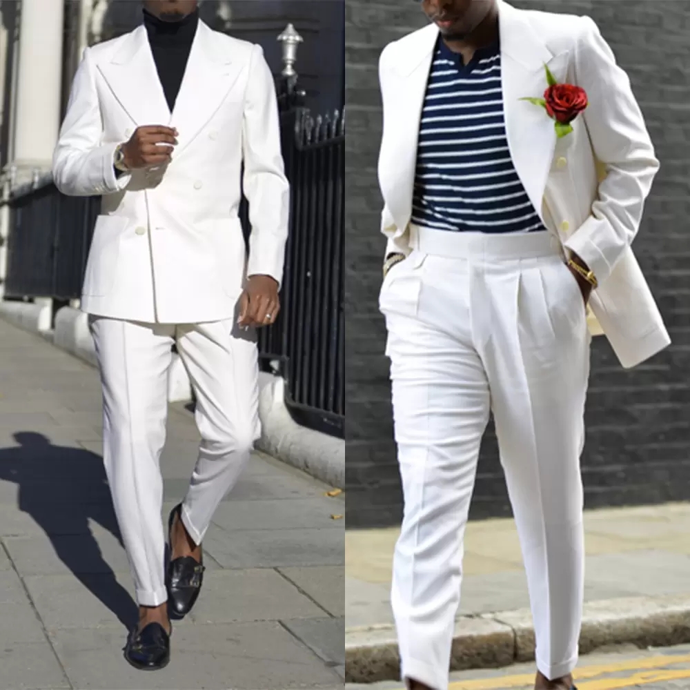 White Mens Pants Suits Double Breasted Groom Tuxedos Peaked Lapel Prom Party Blazer Overcoat Jacket Pants