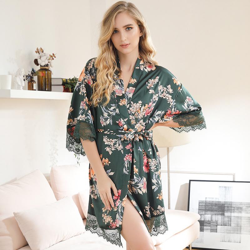 

Women's Sleepwear Summer Ladies Sexy Nightgown Home Wear Morning Gown Large Size Loose Women's Nightwear Printed Bathrobe Silk BathrobeW, Black