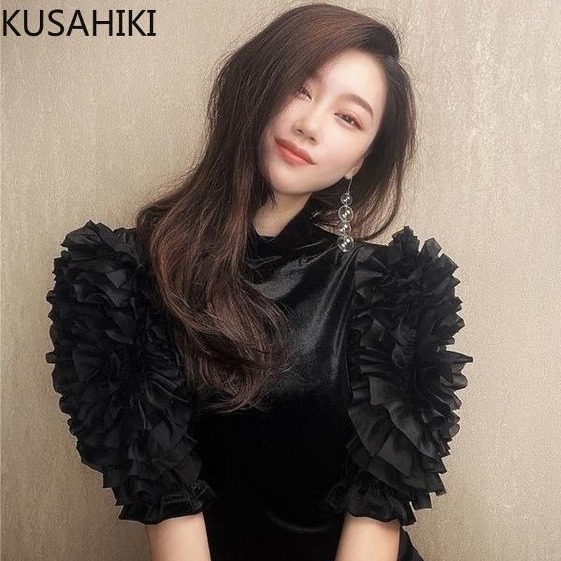 

Women' Blouses & Shirts 2022 Autumn Chiffin Stand Neck Blouse Tops Korean Puff Sleeve Woman Fashion Elegant Blusas Mujer De Moda 6V680Women, Black