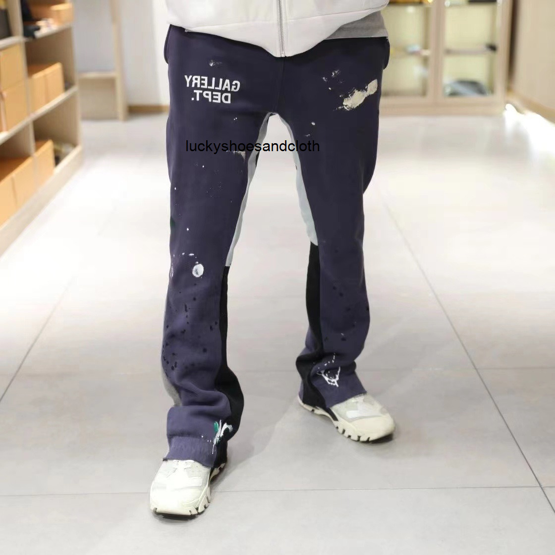 

designer sweatpants gallerydept sports pants lettered print speckled hole panel drawstring high street Unisex micro flare guard pants sports pants, Violet blue