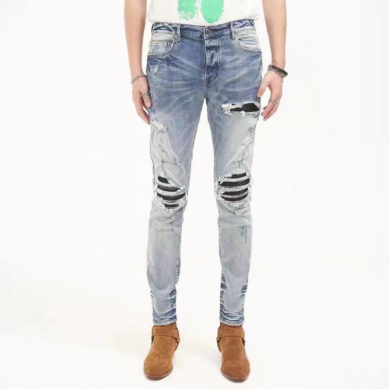 

Men's Pants High Street Fashion Brand Washed Old Blue Ripped Jeans Patch Leather Slim Stretch Pencil Small Feet Casual Denim TrousersMen's, Light blue