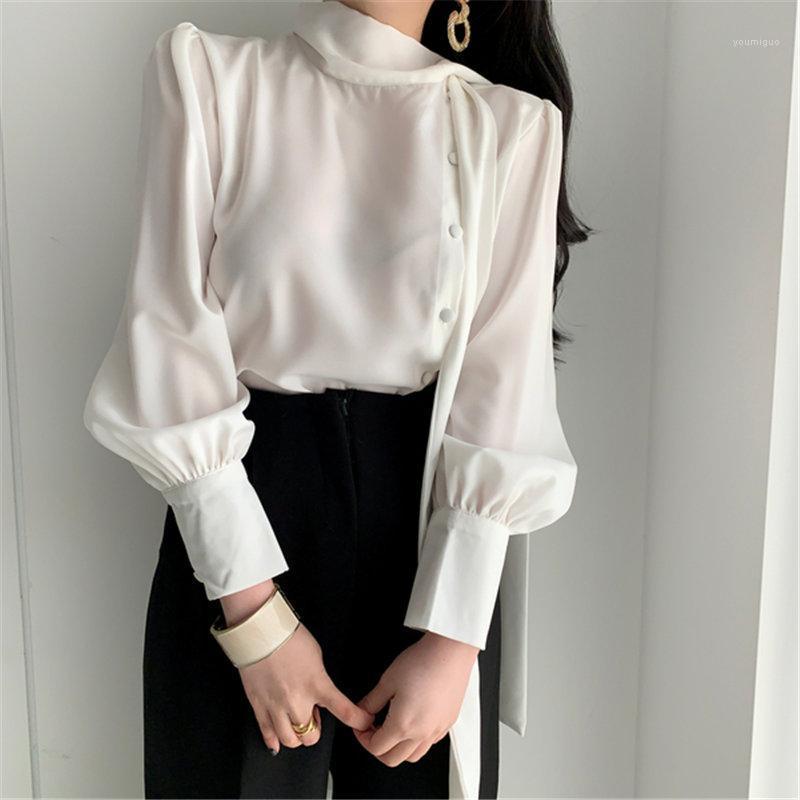 

Women's Blouses & Shirts HziriP Korean Chic Solid Vintage Minimalist Gentle Lantern Sleeves 2022 All Match Sweet Elegance Office Lady Fresh, White