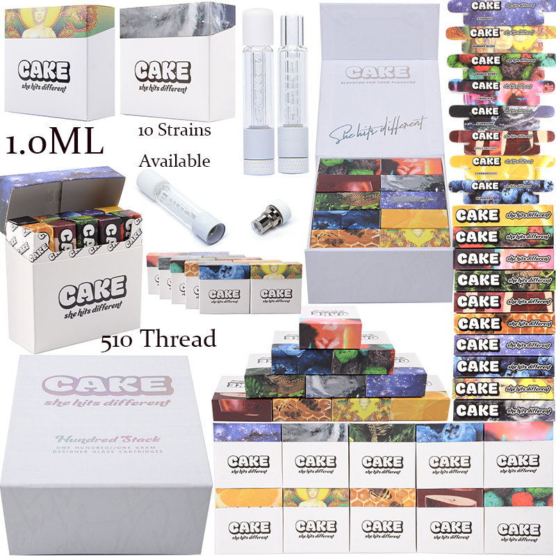 

In Stock Cake Full Glass Atomizers 1ml Empty Vape Cartridges Packaging Thick Oil Was Vaporizer 510 Thread 10 Strains Available E Cigarettes