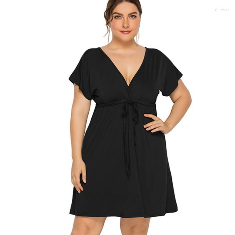

Plus Size Dresses Women Dress Beach Party Casual Short Sleeve Elasticity Waist Summer Sexy Deep V-neck Solid Mini Vestidos Echm22, Ts-8040 pink