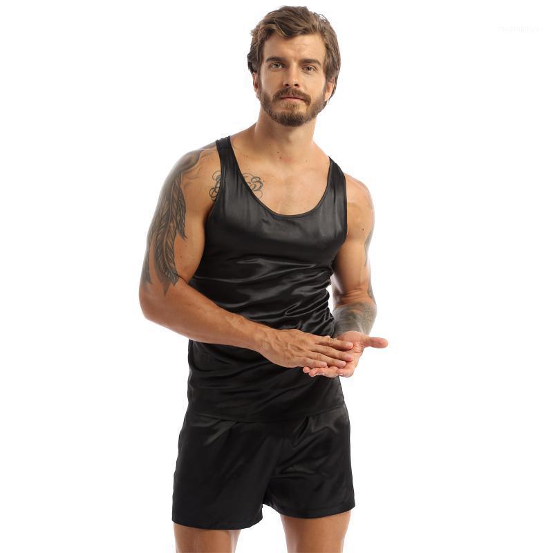 

Men's Sleepwear Men Soft Satin Pajamas Nightwear Sleeveless Tank Top Shorts Clothes Summer Casual Sport Nightgown Loungewear, Black