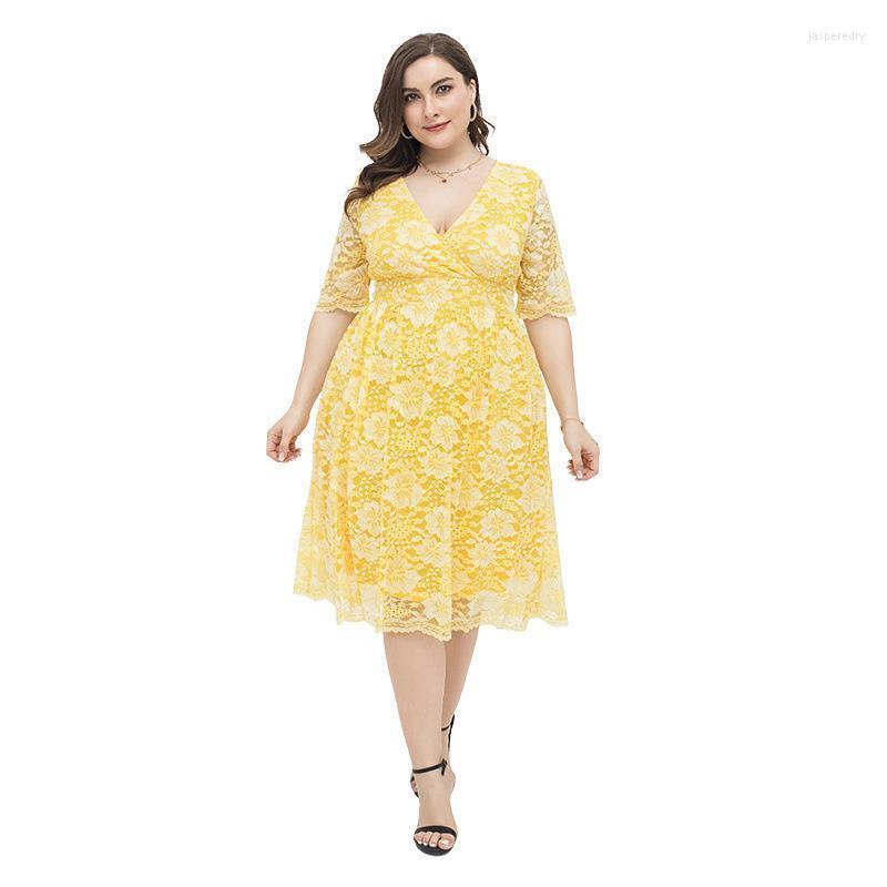 

Plus Size Dresses 2022 Summer Womens Clothing Yellow Cutout Lace Dress Fashion Ladies Vintage Elegant 4XL High Quality Jasp22