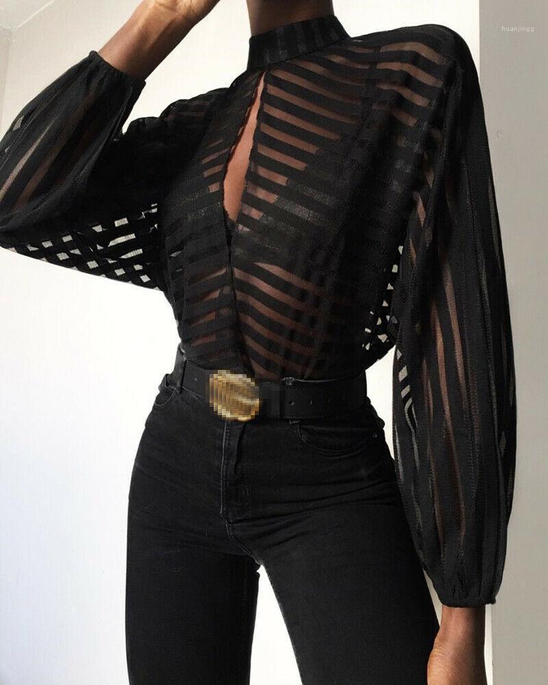 

Fashion Women Girls Mesh Sheer Long Sleeve Transparent See Through Striped Shirt Blouse Tops Elegant Party Formal Soft Clothes Women' Blous, Black