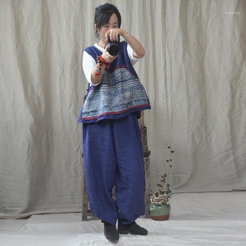 

Women's Blouses & Shirts Women Vintage Tops Cotton Linen 2022 Autumn Spring National Blouse Sleeveless Vest Loose Casual, Blue