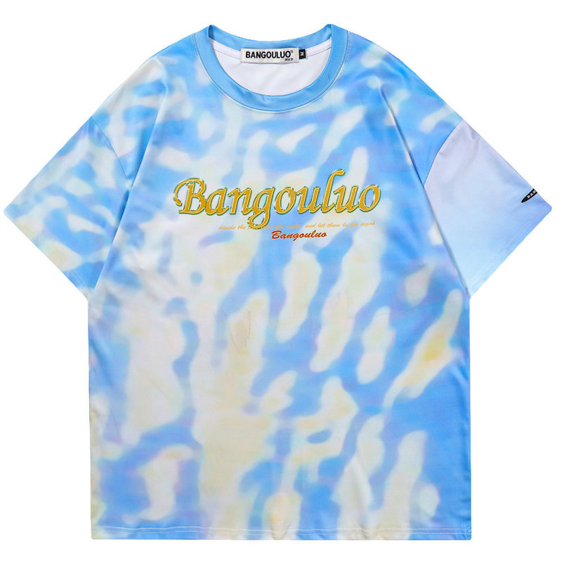 

T-shirt Men Tie-dye Sparkling Water Print Polyester O-neck Men's Clothing Harajuku Casual Streetwear Hip Hop Oversized T-shirt, Blue