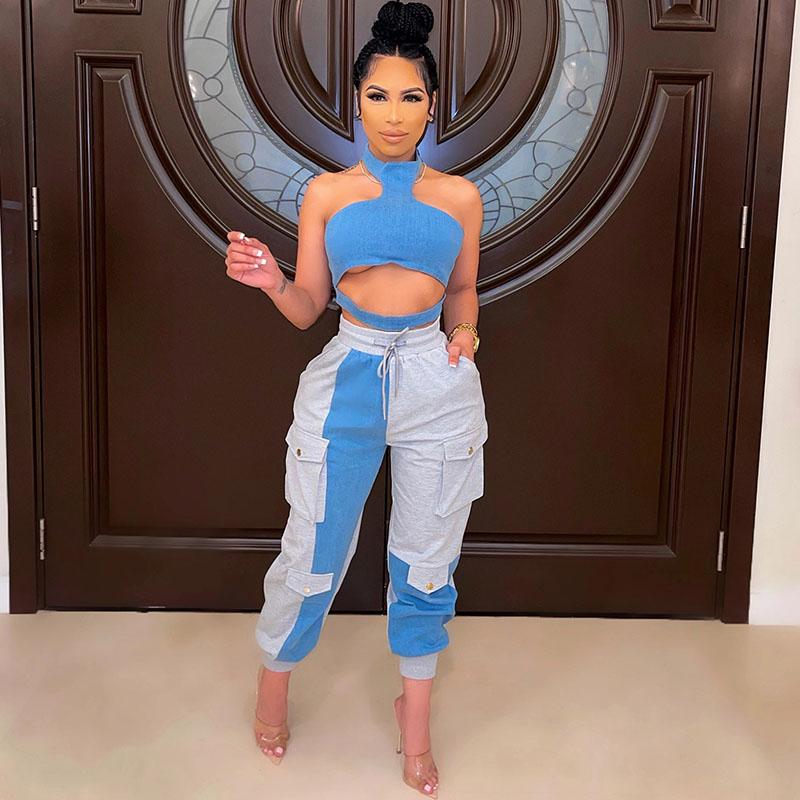 

Women' Two Piece Pants Sexy Set Women Matching Sets Y2K Crop Top And Cargo Sweat Suits Streetwear Patchwork 2 Outfits Tracksuit, Blue
