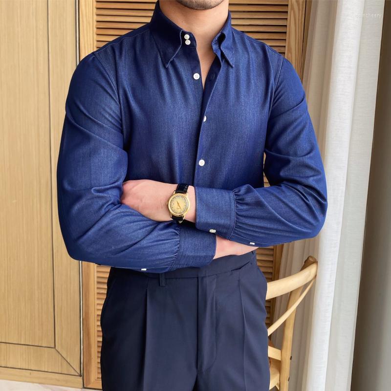 

Men's Dress Shirts Casual British Denim Shirt Slim Long Sleeve High Quality Trend Man Social Club Outfits Office Wedding Mens ShirtsMen's Qu, Navy blue