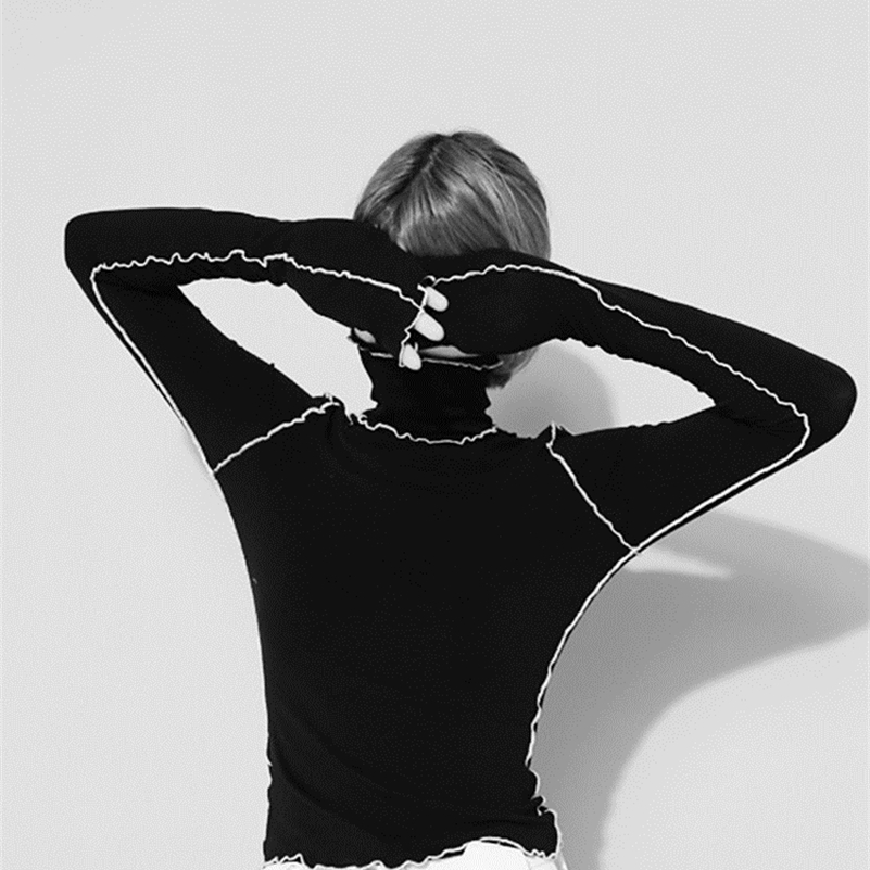 

[EAM] Spring Autumn High Collar Long Sleeve Solid Color Black Reffles Split Joint Loose T-shirt Women Fashion JE155 220321, White