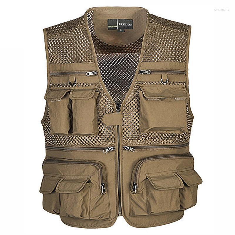 

Men's Vests Men Army Green Khaki Multi Pocket Mesh Vest Fisherman Clothing Multipurpose Sleeveless Jacket Waistcoat Kare22
