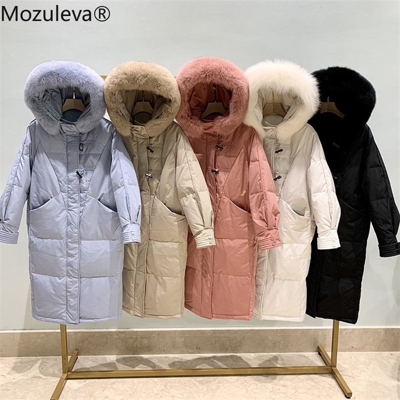 

mozuleva Horn Buckle down Jacket Women's Mid-Length over-the-Knee Winter Fur Collar Korean-Style Thick Hooded Jacket 201127, Black