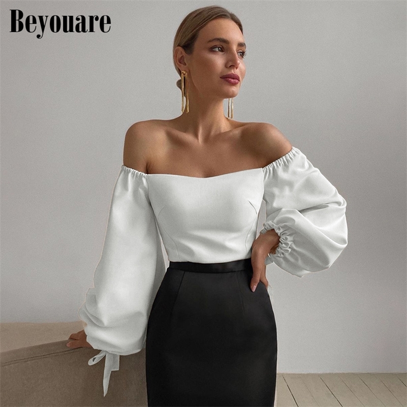 

Beyouare Elegant Women' T Shirt Sexy Slash Neck Lantern Sleeve Bandage Solid White Tops Autumn Casual Slim Office Lady Tee 220321, White t shirt