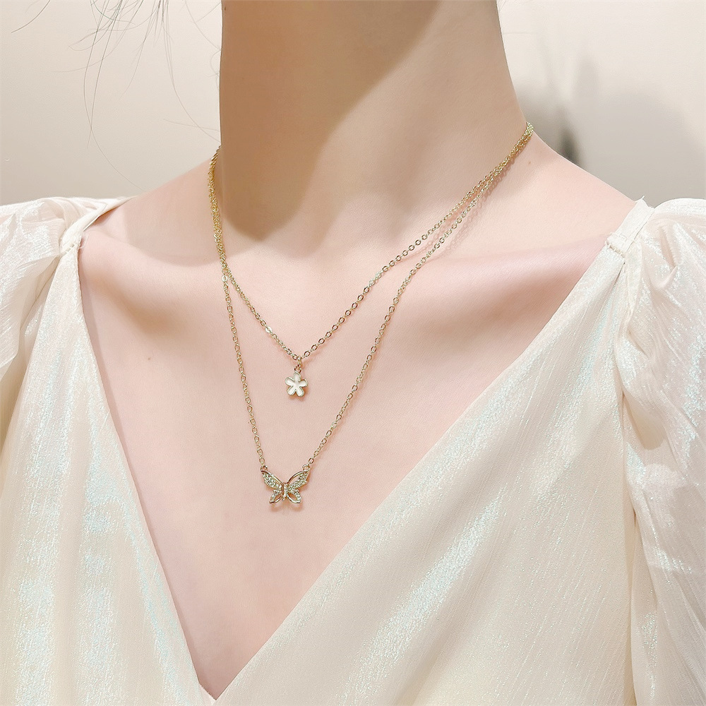 

S2967 Fashion Jewelry Double Layer Necklace Crystal Rhinestone Butterfly Flower Pendant Choker Necklaces