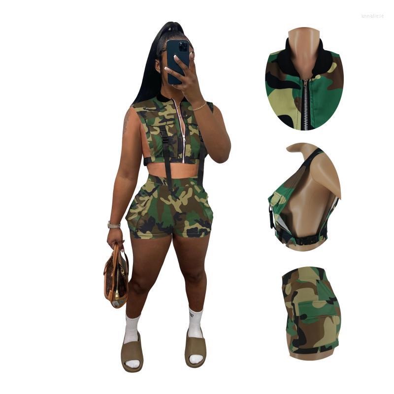 

Women' Tracksuits Camouflage Womens Two Peice Sets Sleeveless Zipper Crop Top And Shorts Ladies Sexy 2 Piece Matching