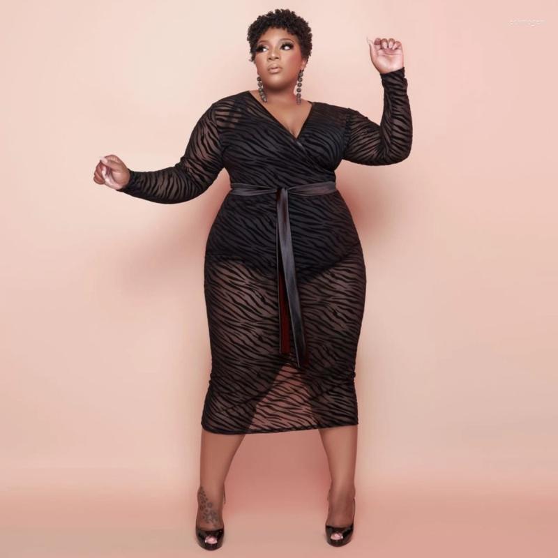 

Plus Size Dresses Women's Street Wear Fashion Long Dress Black V-neck Belt Long-sleeved Vestidos De Fiesta Roupas Femininas Echm22