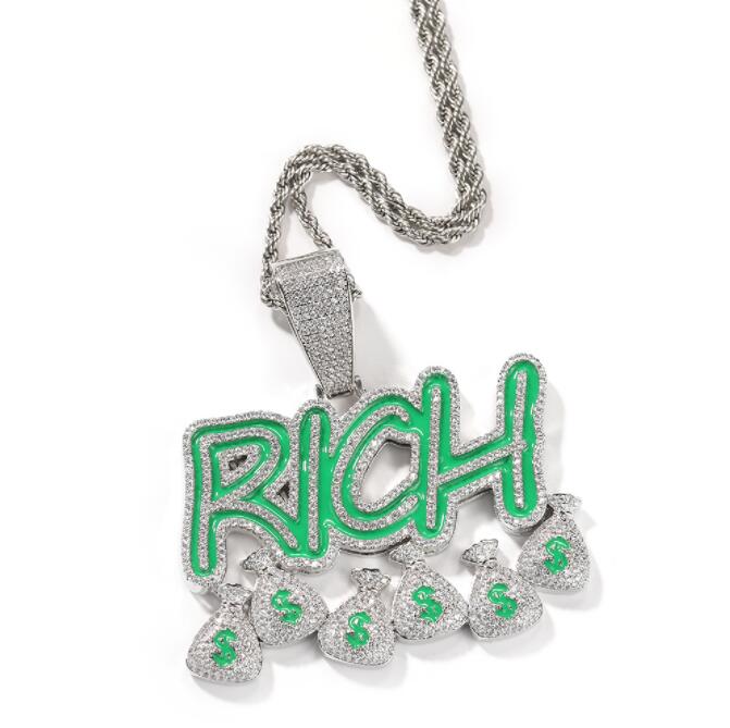 

Hip Hop CZ Stone Bling Iced Out Dollars Sign Money Bag Rich Pendants Necklaces for Men Rapper Jewelry Gold Silver Color Gift