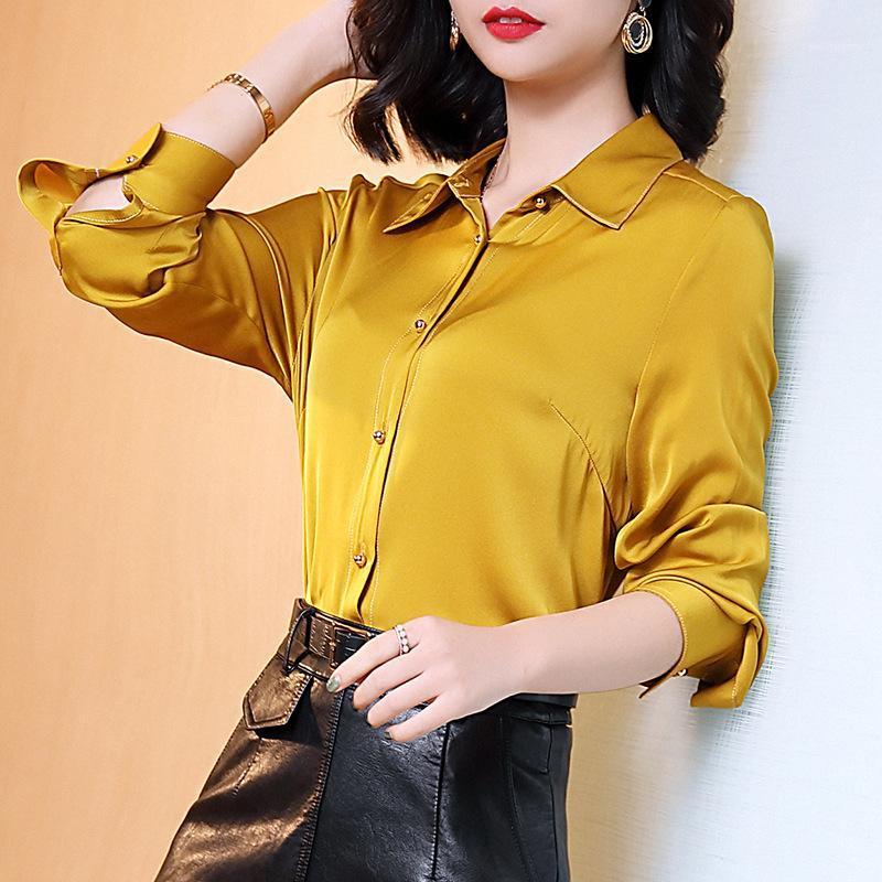 

Yellow Important Silk Shirts Women's Long-Sleeve 2022 Spring Style Elegant Fashion Loose Slimming Mulberry Tops Blouses &