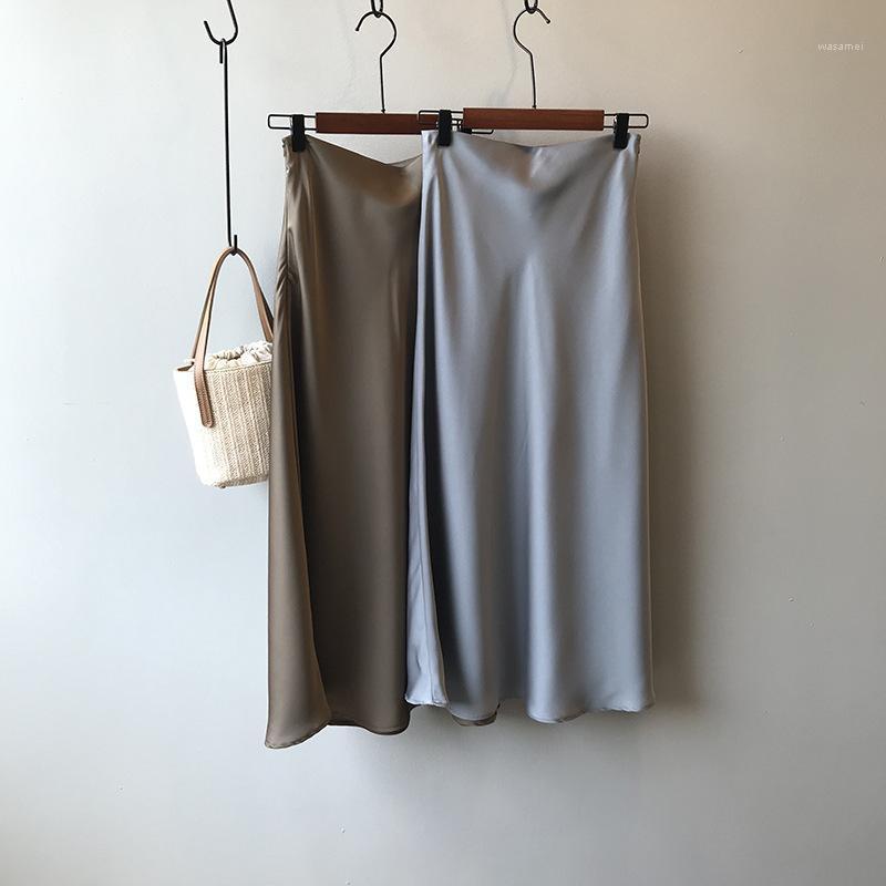 

Skirts Satin Woman High Waist Slim Hip Elegant Solid Color 2022 Summer Ladies Maxi Long Trumpet Skirt, Brown