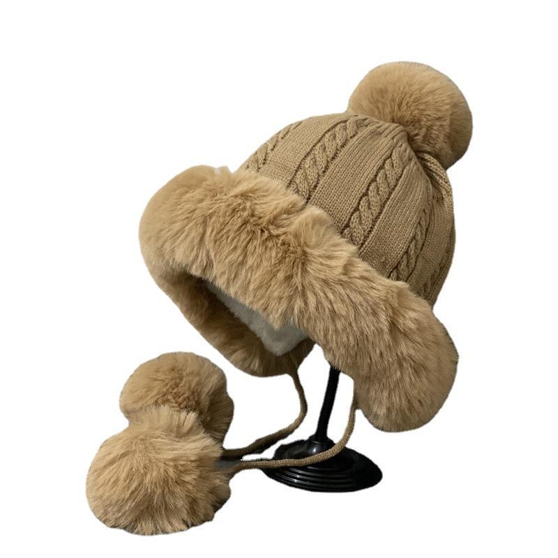 

Berets Women Earflap Ear Caps Skiing Protection Ball Headgear Warm Beanies Knit Hat Fur Bomber WomenBerets, White