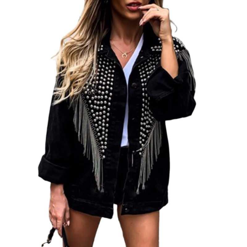 

Women' Jackets Women' Women Tassel Rivet Spring Autumn Denim Jacket Dark Casual Black Outwear Streetwear Punk Fashion Jeans CoatWomen