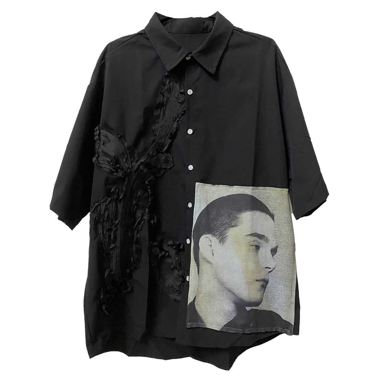 

Men's Casual Shirts [TZ killer]1of1remake portrait shirt worn dark yarn mesh patch short sleeve shirt non RAF, Black
