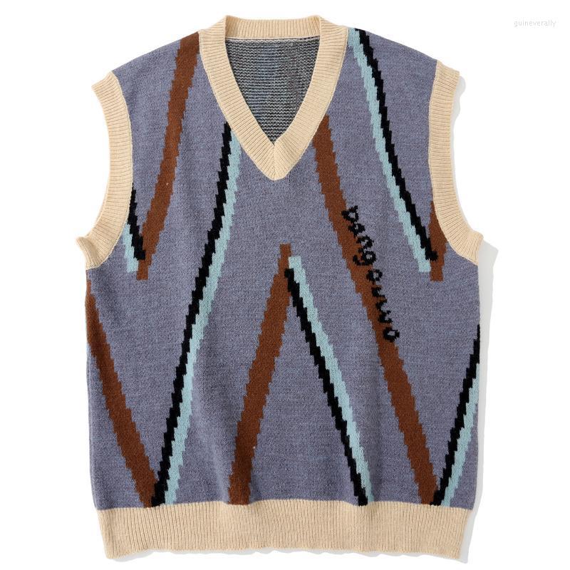 

Men's Vests LACIBLE Streetwear Harajuku Knit Sweater Pullover Vest Retro Triangle Stripe Sleeveless Loose Casual Tank Tops Unisex Guin22, Purple