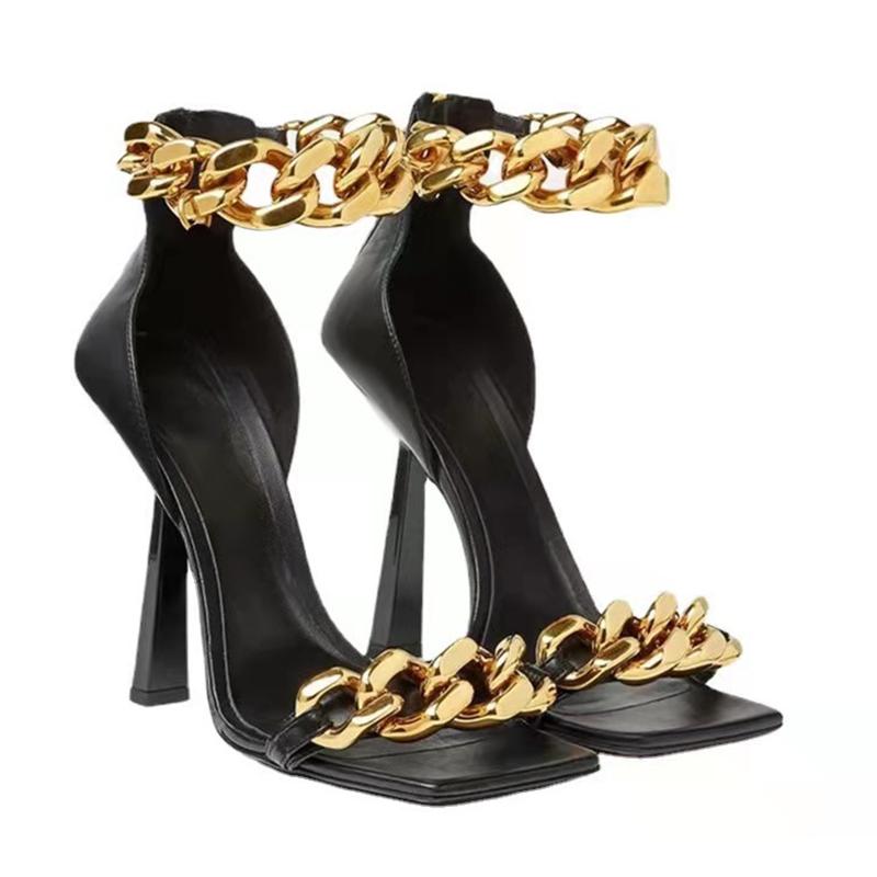 

Sandals Women's Square Toe Metal Chain Thin High Heels 2022 Summer Cool Designed Back Zipper Ladies Party Nightclub Shoes, Black