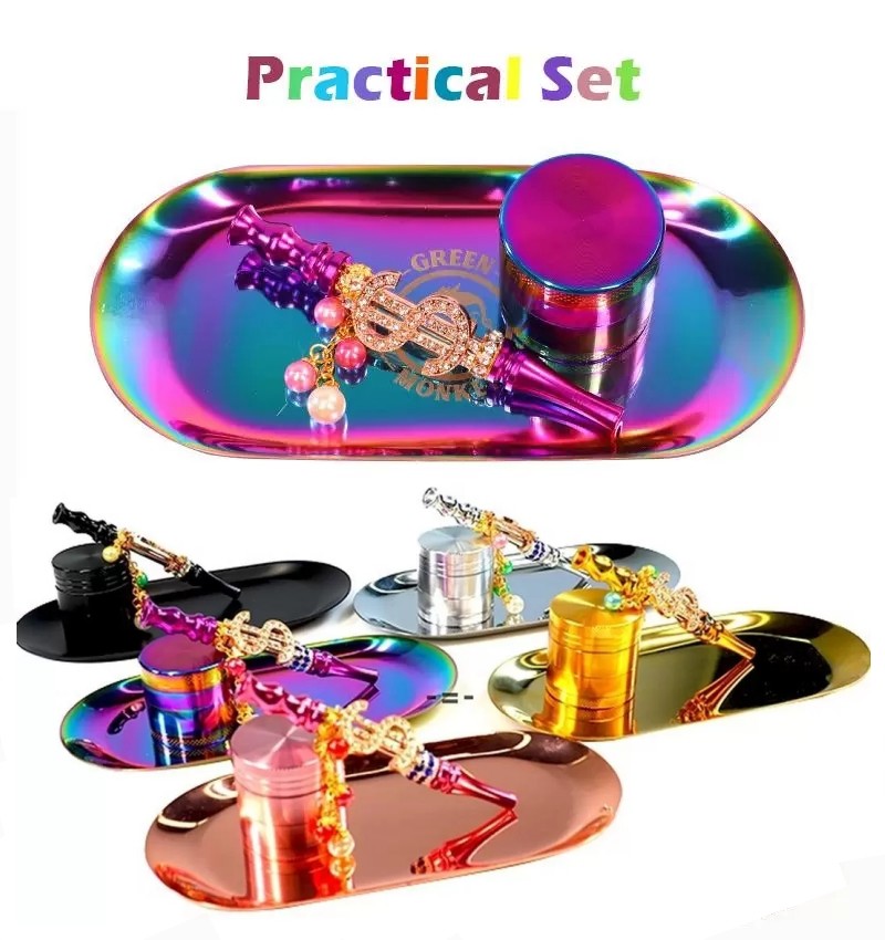 

Rainbow launched smoking set metal herb grinder rainbow rolling tray bling blunt holder C0817G01